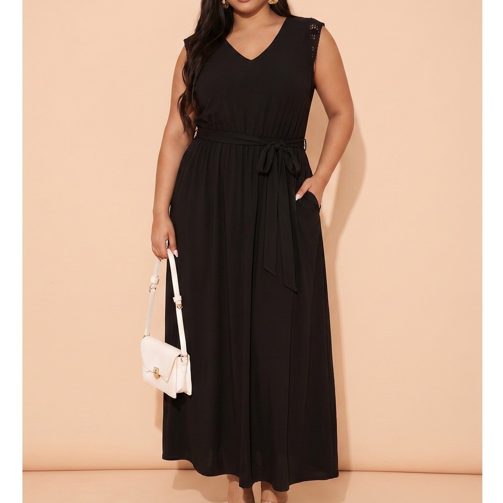 Lane Bryant Plus Size Black V Neck Crochet Lace Sleeve Maxi Dress 26/28